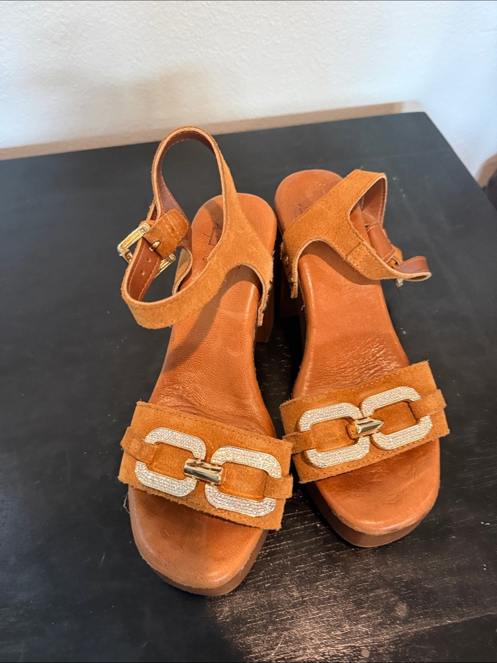 Women’s Suede Ankle-Strap Sandals in Tan with Decorative Buckle
